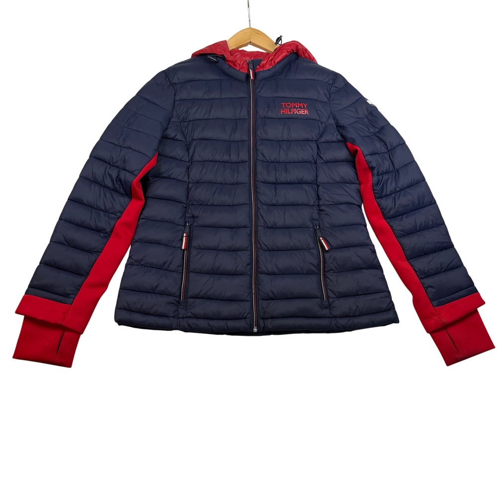 Tommy Hilfiger Womens Packable Puffer Jacket Navy Red Hooded Thumbhole Cuffs S